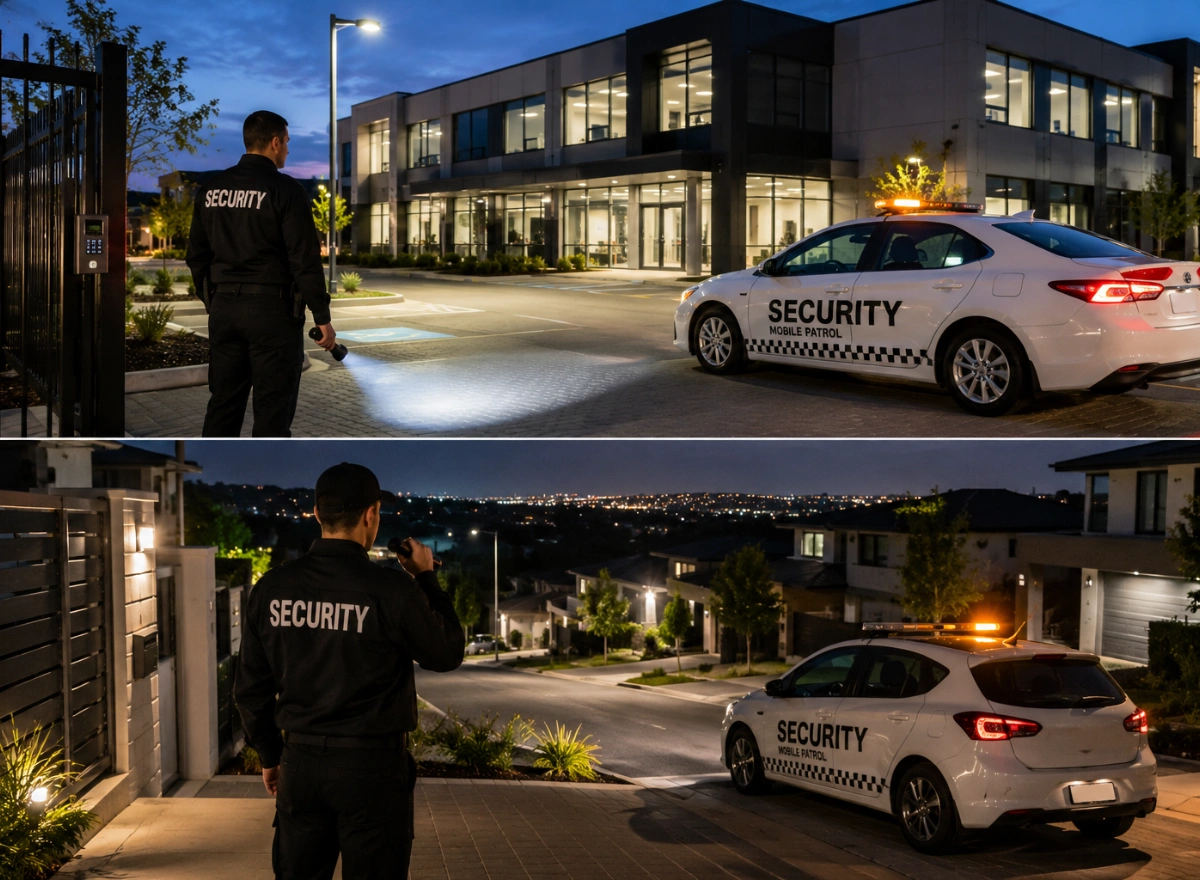 Mobile patrol security officer inspecting a commercial property and homes at night in Adelaide